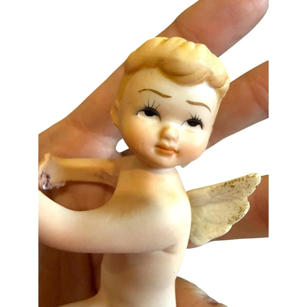 Vintage Lefton Cherub Candle Huggers Pair Japan Bisque Celestial Angel Putti 4in